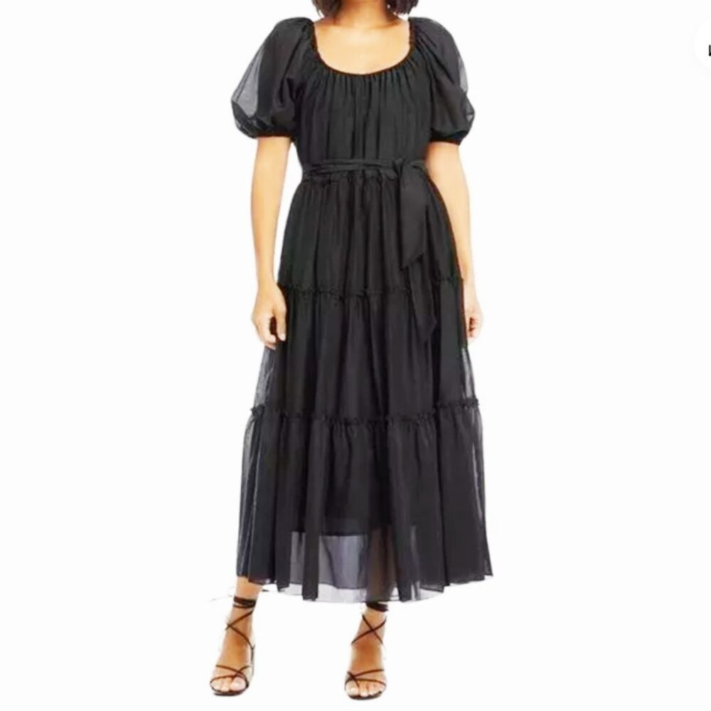 Karen Kane Black Puff-Sleeve Tiered Midi Silk blend Dress with Tie belt Size M